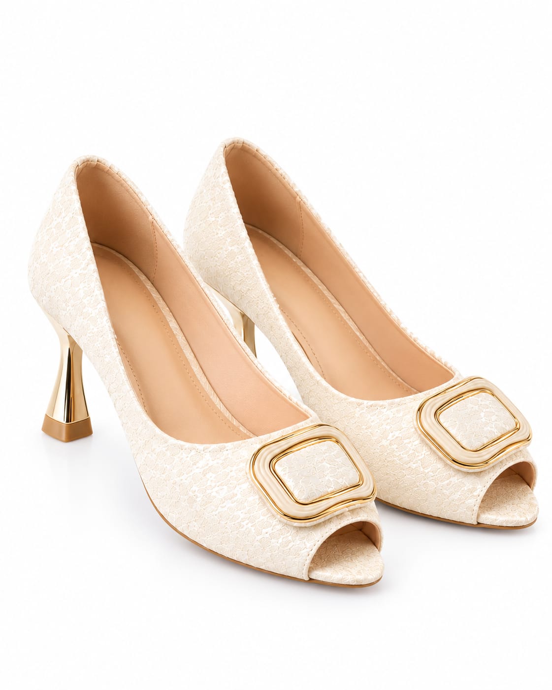 Elegant Ivory Lace Peep-Toe Heels